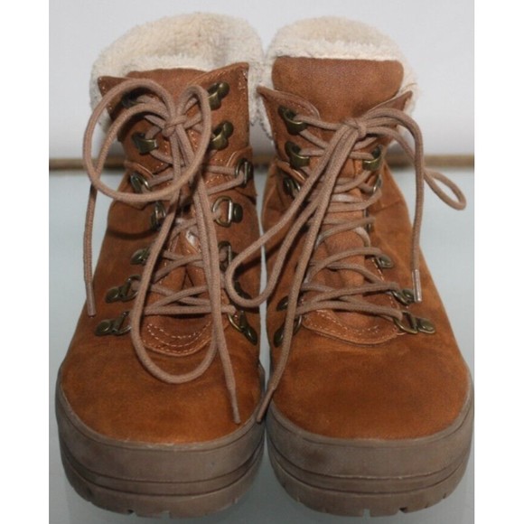 Womens Size 7M Seven Dials "Zenna" Lace Up Hiker Boots Brown Booties Fur Top - Picture 1 of 7